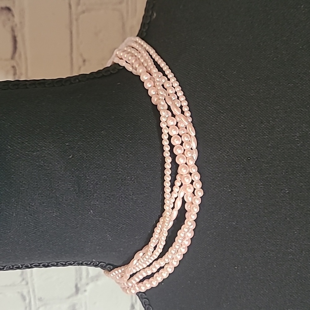 Pastel Pink Faux Pearl Multi Strand Choker Necklace Costume Jewelry
